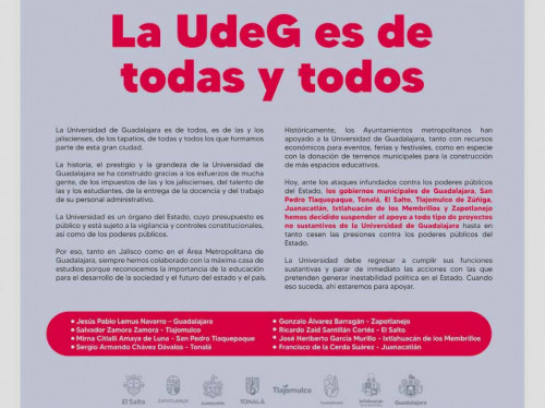 Alcaldes del AMG suspenden apoyo a proyectos “no sustantivos” de UdeG