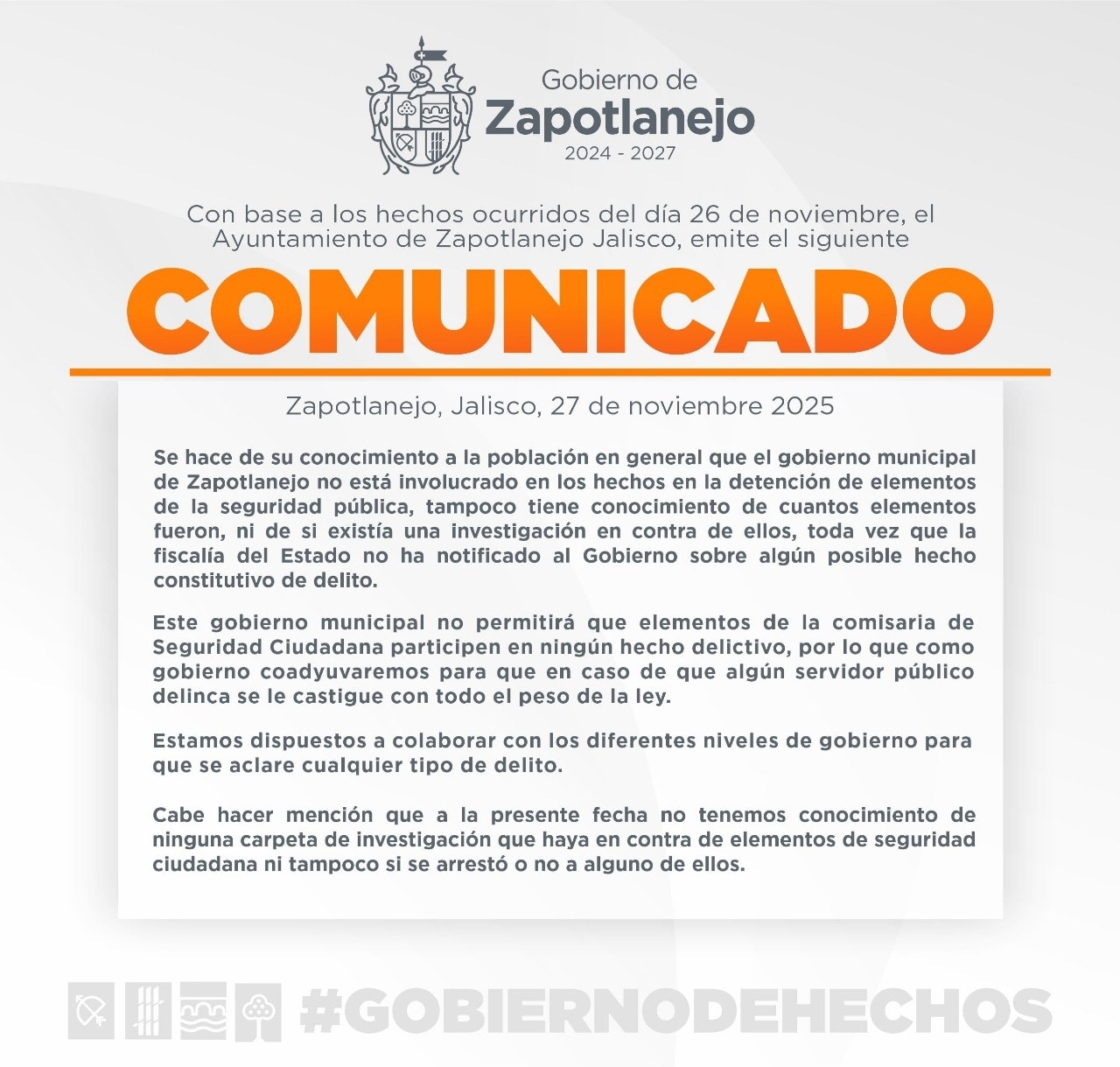 Gobierno de Zapotlanejo afirma desconocer investigaciones tras detención de policías municipales